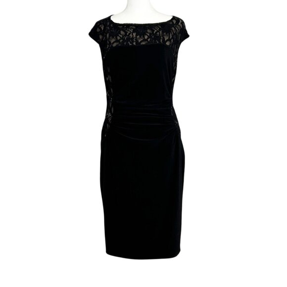 Lauren Ralph Lauren Black Lace Sequin Ruched Evening Cocktail Jersey Dress (8) - Picture 1 of 16